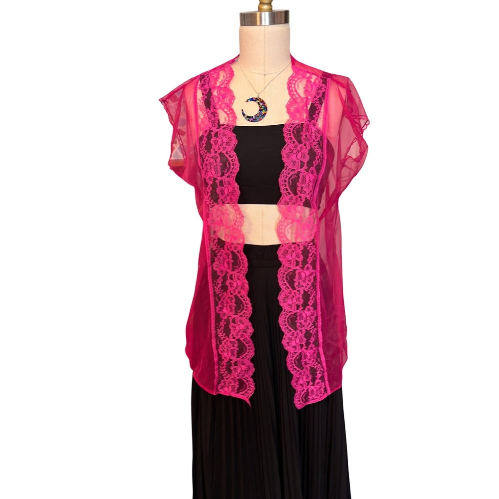 Vintage 70s Sheer Lace Trim Open Front Mesh Duster Robe OS Magenta